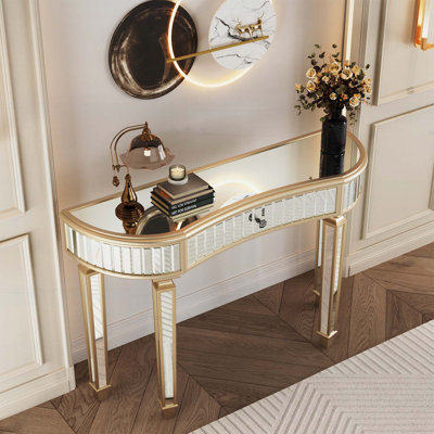 Console à miroir en demi-lune de 47 pouces avec verre cannelé et poignée en cristal, parfaite pour le vestibule ou le meuble-lavabo de chambre à coucher