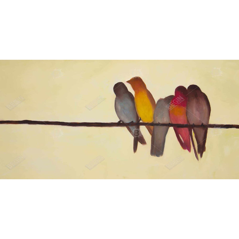 Cinq oiseaux sur une branche - Toile brune pour décoration intérieure