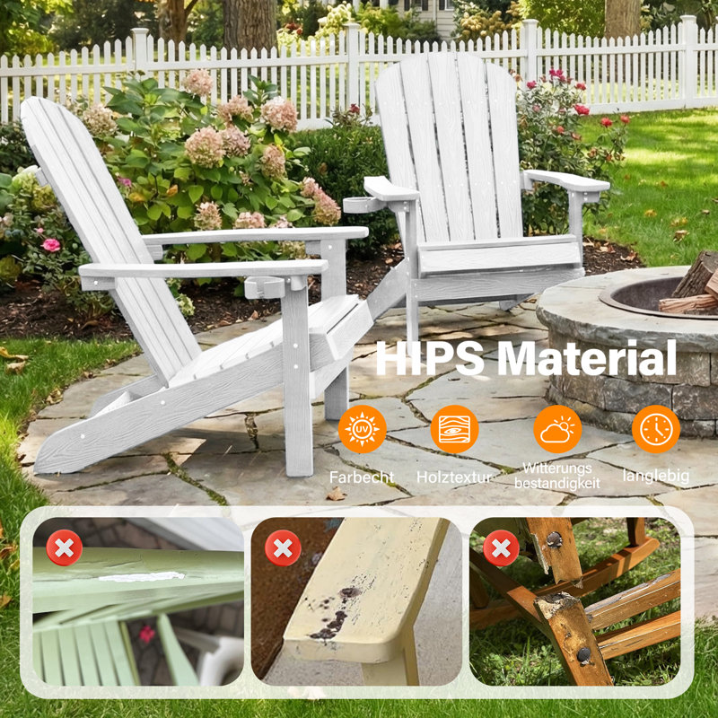 Outdoor Adirondack Chair set of 2 with Cup Holder All-Weather HIPS Patio Chairs for Lawn, Garden, Fire Pit, Backyard, White