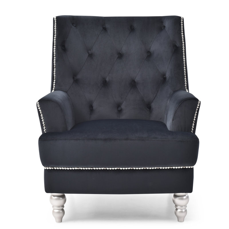 Black Velvet Accent Chair with Wood Legs