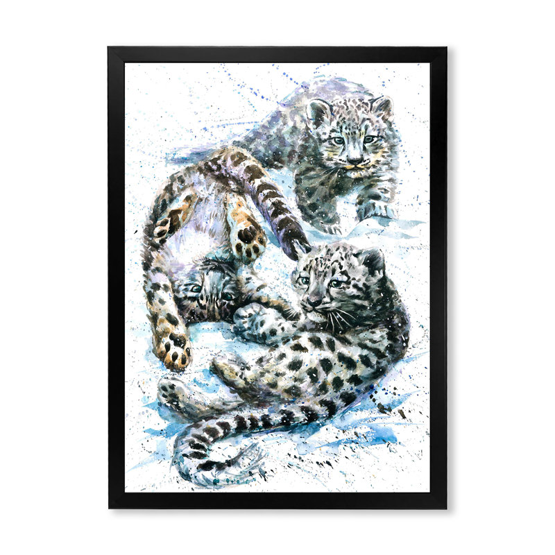 Petits léopards des neiges - Peinture, Cadre photo noir, H 20 po x l 12 po x P 1 po