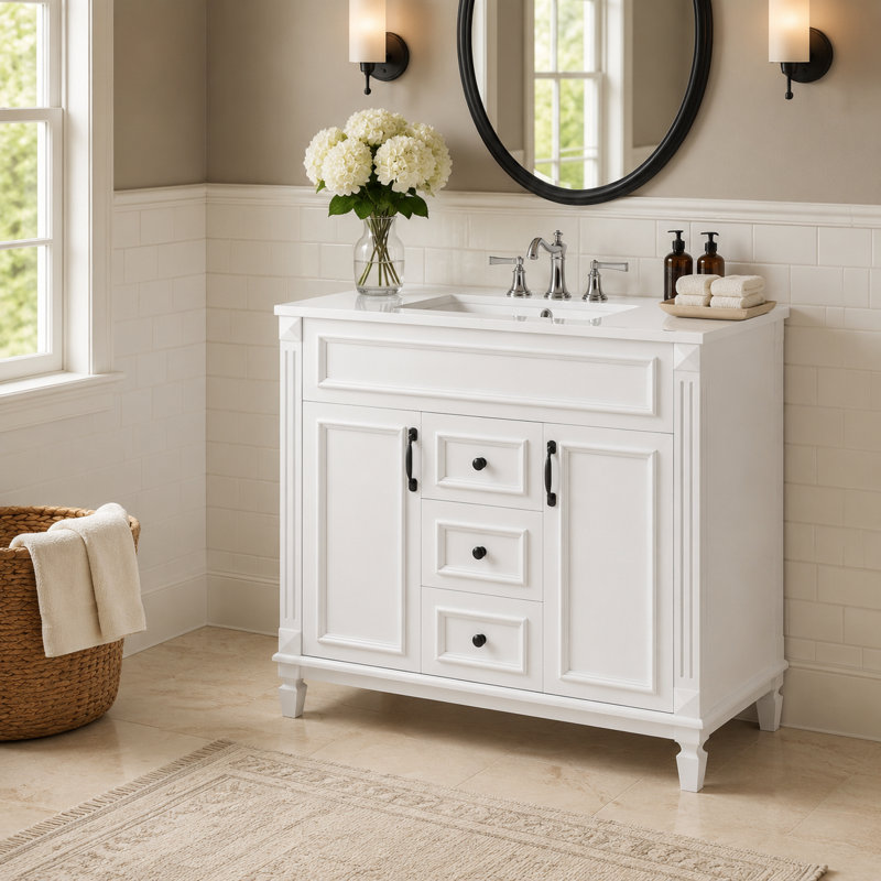Meuble-lavabo autoportant blanc avec quincaillerie noire et lavabo intégré