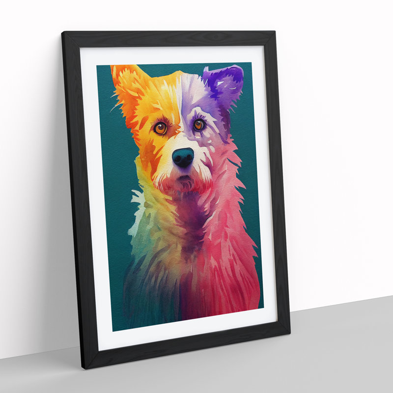 Colourful Dog No.4 - Single Picture Frame Painting, 64cm H x 46cm W x 2cm D, Black