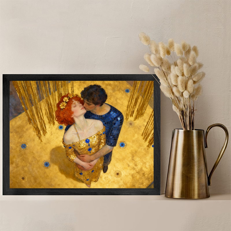 Reproduction d'art encadrée noire, "Le baiser de l'amour et de la vie", style Klimt, H 25 po x l 37 po