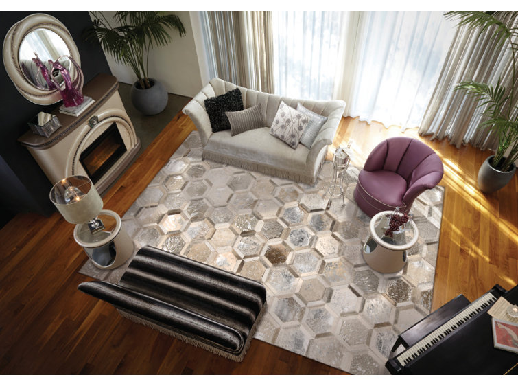 City Chic Leather Geometric Area Rug in Silver/Beige/Gold
