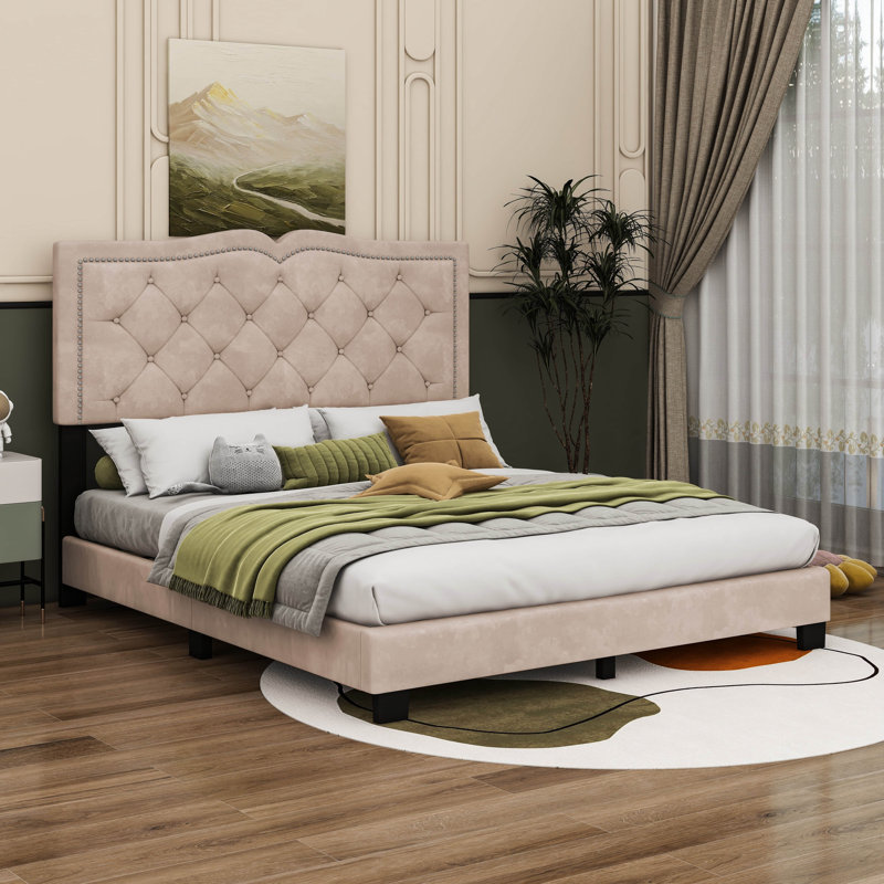 Lit plateforme tapissier Bilgehan, Beige, Grand