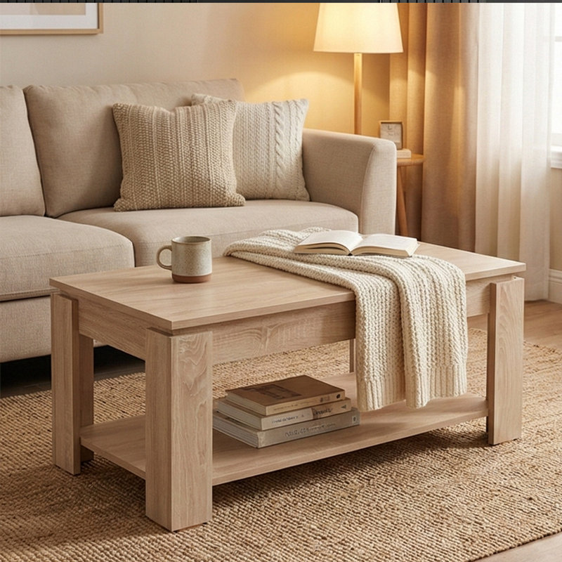 Table basse à 4 pieds avec rangement Carrole, Chêne clair