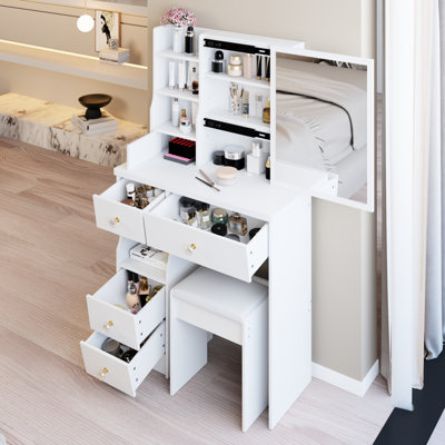 Petite coiffeuse de 29,2 po avec miroir coulissant extra large, tiroir de gauche, rangement grande capacité et tabouret rembourré, meuble-lavabo de style américain 50,4 po