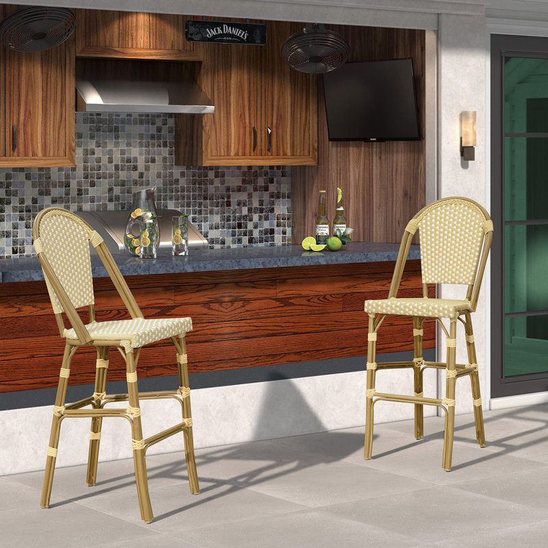 Patio Bamboo Print Finish Bar Stools With Rattan Back (Set Of 2), Yellow/Brown, Counter Stool (25" Seat Height)