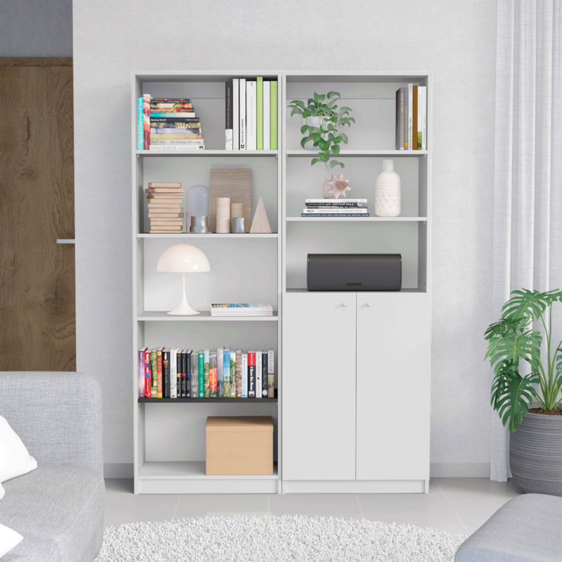 Ensemble de deux bibliothèques pour la maison de 49 po de largeur avec 8 tablettes et une armoire à double porte, Blanc