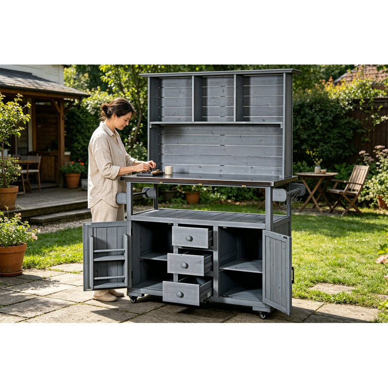 Large Garden Storage Potting Bench With Lockable Wheels, Gray