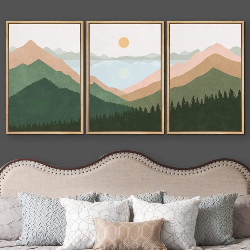«Minimal Mountain Skyline Horizon» sur toile, ensemble de 3 pièces, H 36 po x l 72 po x P 1,5 po