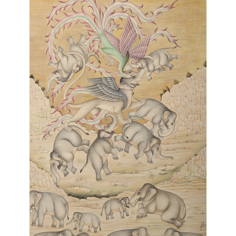 Mythique bête avec un troupeau d'éléphants | Aquarelle sur papier