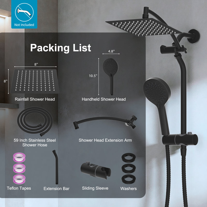 Dual Shower Head Combo With Metal 8 Inch High Pressure Rainfall Shower Head And Handheld Shower, Matte Black, Matte Black