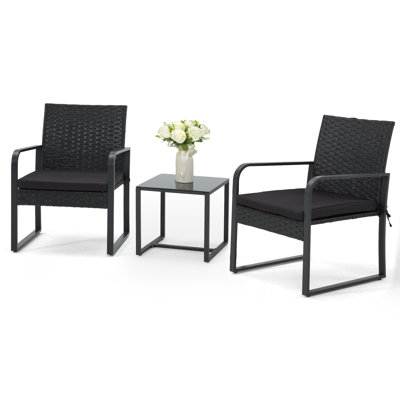 3 Piece Patio Bistro Rattan Chair With Cushions & Round Arm And Coffee Table Set