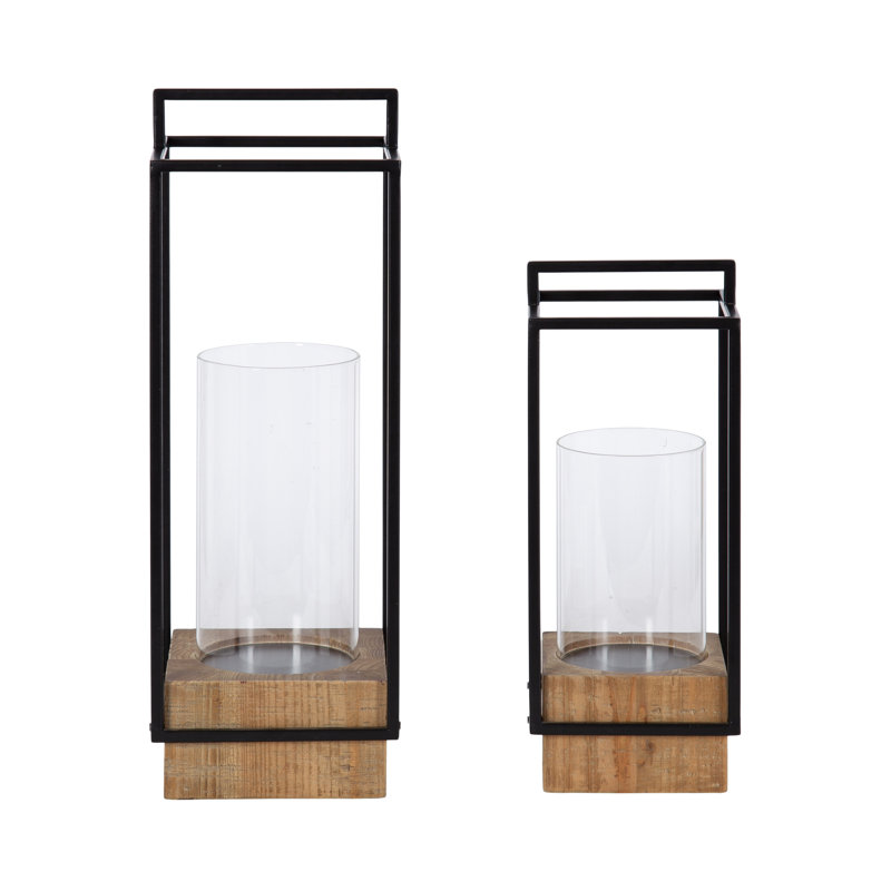 Ensemble de deux porte-bougies en bois et métal, Brun / Noir
