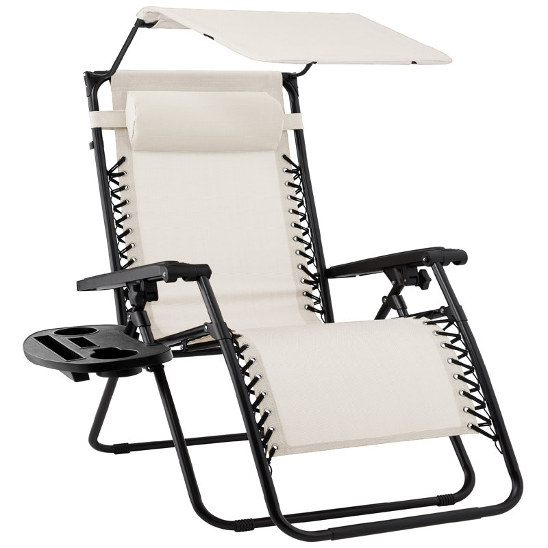 Fauteuil inclinable pliant avec auvent réglable, appui-tête et plateau à accessoires latéral, Ivoire ivoire