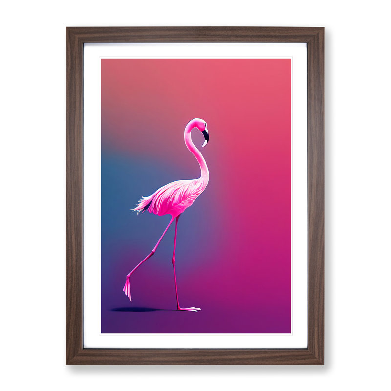 Strolling Flamingo - Single Picture Frame Print, 46cm H x 34cm W x 2cm D, Walnut