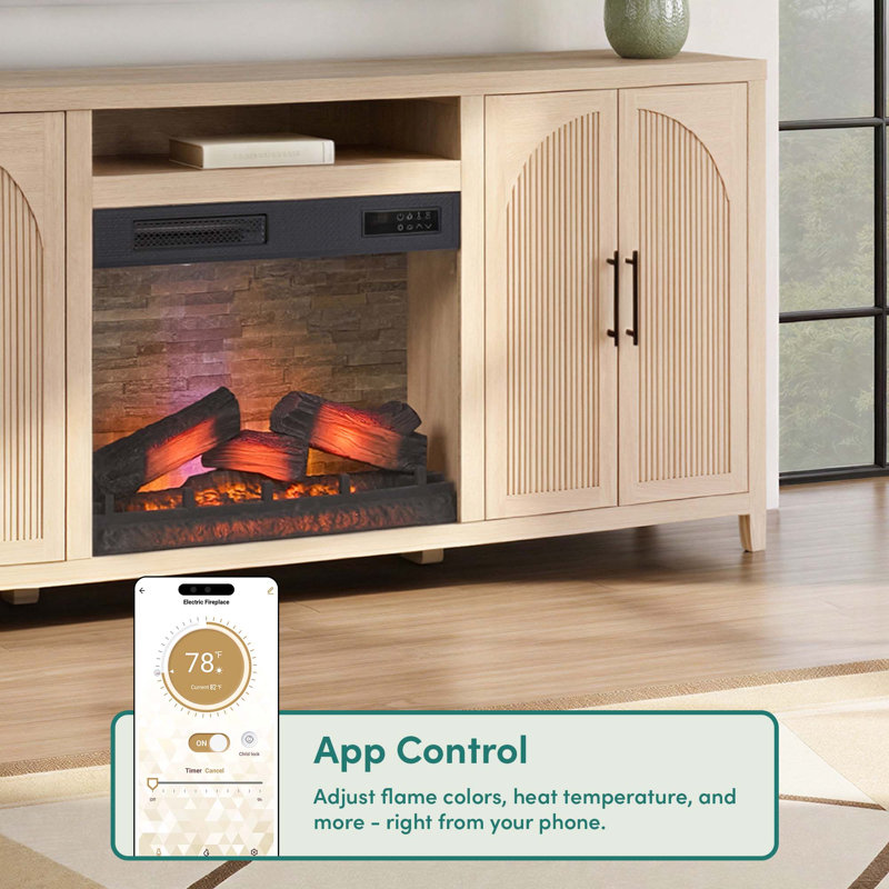 Sasha 80” Modern Reeded TV Stand with duraflame® Smart Electric Fireplace with Alexa Voice & App Control, Coastal Oak