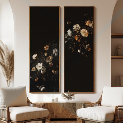 Luxury Vintage Dark Floral Wall Art - 20x60 inches Framed Canvas Set of 2