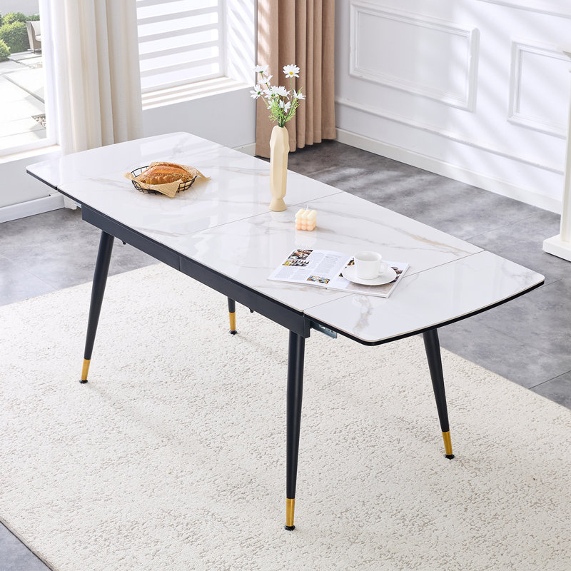 Table de salle à manger extensible en pierre frittée de 55 à 79 po avec rallonge cachée et pieds en métal