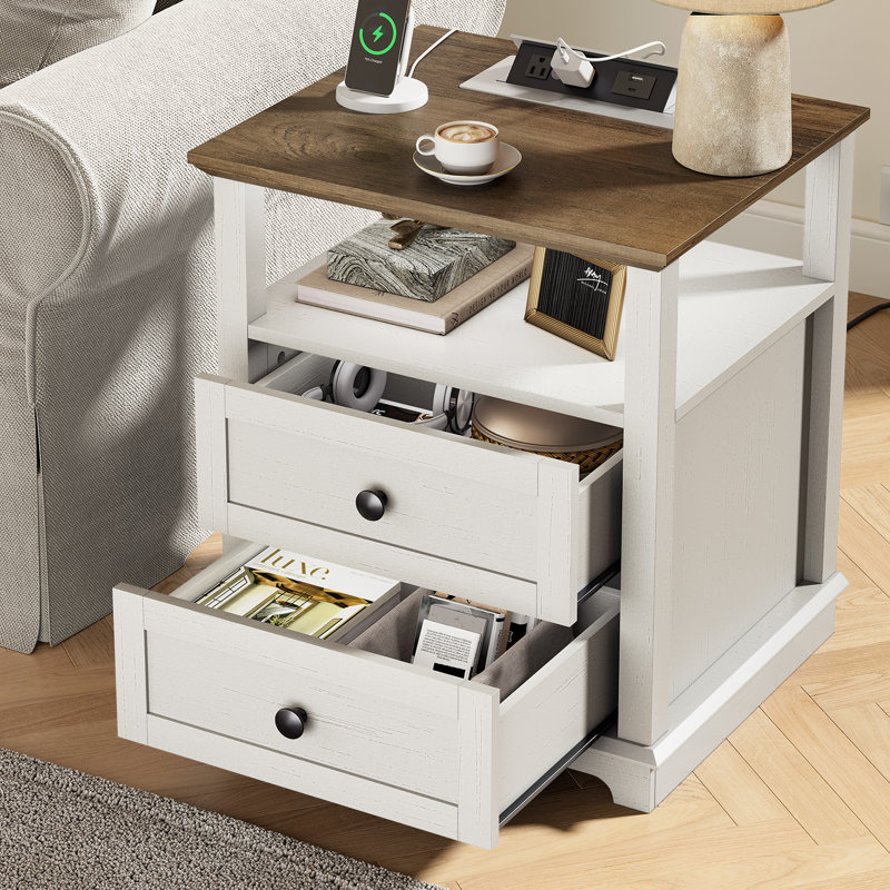 2 Drawers Sets Danforth with Storage and Built-in Charging Station, White