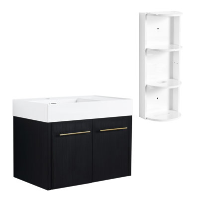 Armoire de salle de bain de 30 pouces avec évier en résine à bords épais, grande capacité de rangement, charnières à fermeture douce et support assorti, rangement pour porte de meuble-lavabo à double porte de couleur brun châtaignier noir, portes,