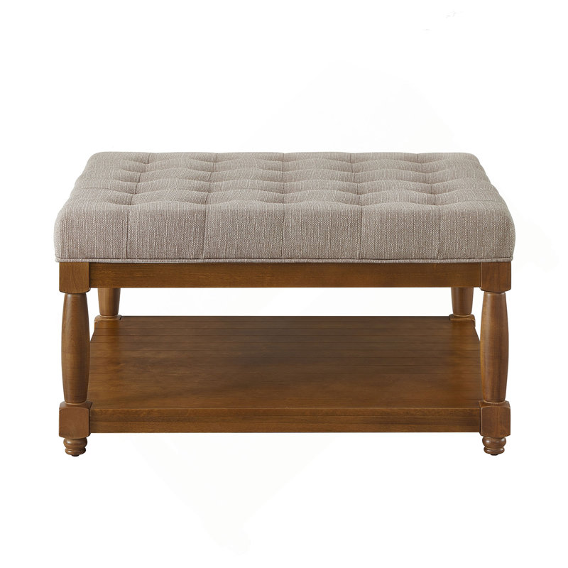 Grande table basse carrée avec repose-pieds en lin capitonné et grand repose-pieds avec tablette en bois massif, Lin, Brun