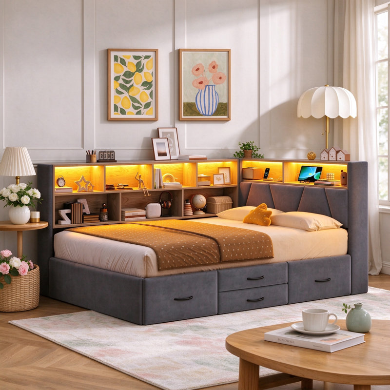 Upholstered Daybed with Storage, Gray
