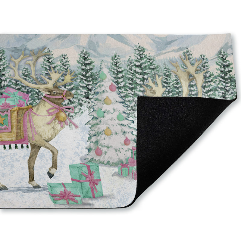 Tapis de porte d'extérieur imprimé Whimsy Holiday Reindeer, par Paul Brent, 18 po x 30 po