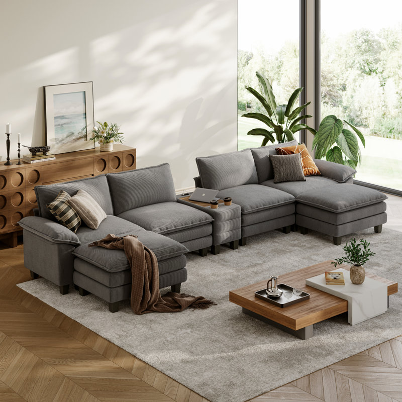 Canapé modulaire en coin avec console de rangement et 2 repose-pieds Colbey, Velours côtelé gris