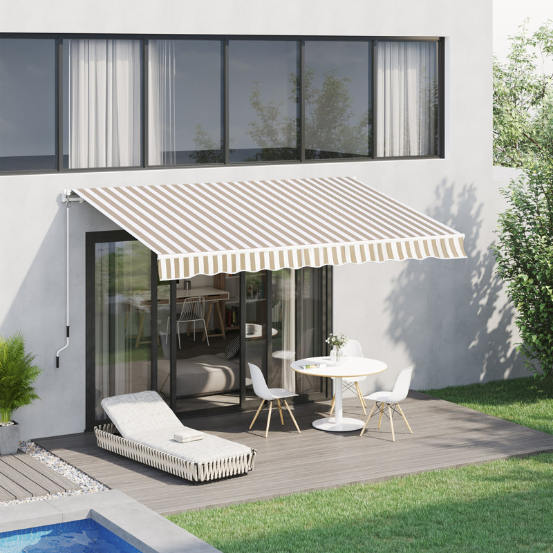 Auvent de patio rétractable avec manivelle manuelle, store extérieur, Beige / blanc, rayures, H 0,2 po x l 120 po x P 144 po