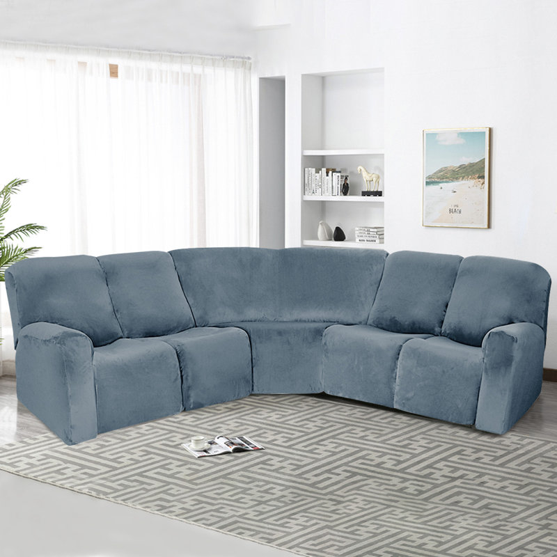 Housse pour canapé modulaire en velours extensible 7 pièces - Housse pour canapé en L inclinable - Lavable, Velours gris-bleu