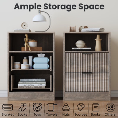 Table de chevet moderne à 2 tiroirs avec lumière DEL et station de charge, table de chevet en bois d'ingénierie avec prises USB et tablette ouverte pour la chambre à coucher et le salon (ensemble de 2)
