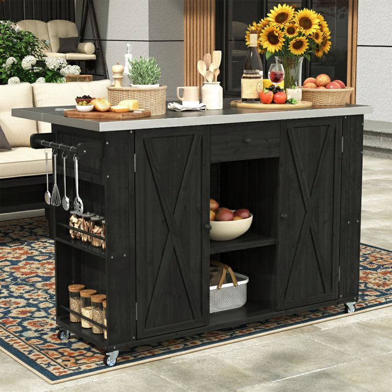 52" Outdoor Kitchen Island / Pizza Oven Stand with Stainless Steel Top - Foldable Rolling BBQ Prep Cart - Black, Black