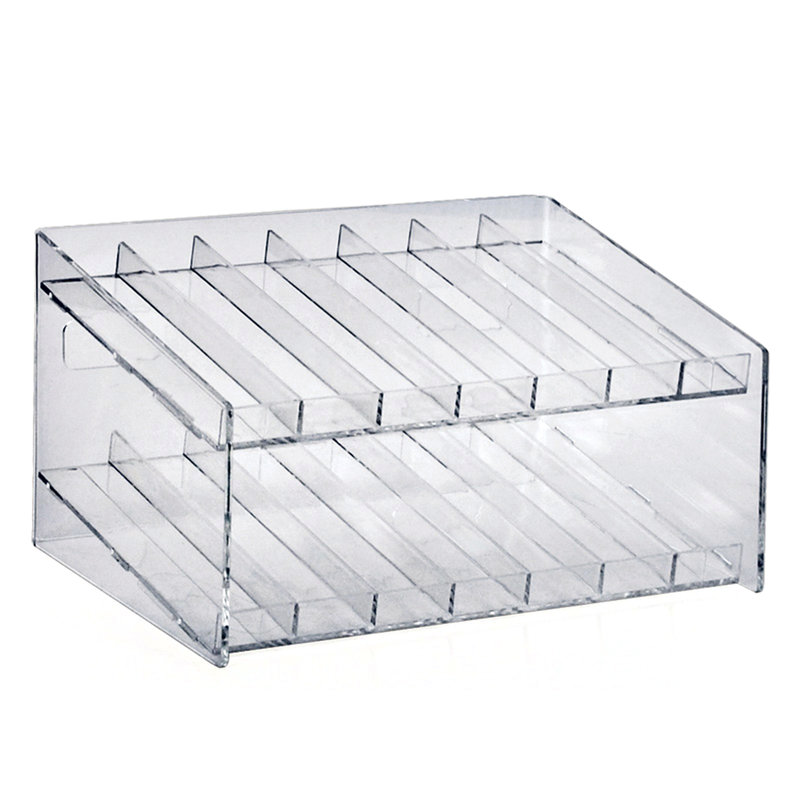 Présentoir à deux niveaux à 14 compartiments, 7 composants par niveau. Dimensions: l 12 po x P 8,5 po x H 6,5 po