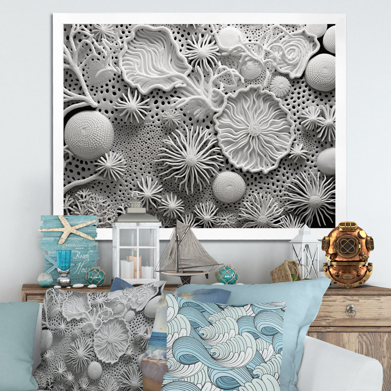 Gris abstrait coraux IV sur toile, Cadre simple blanc, H 12 po x l 20 po x P 1 po