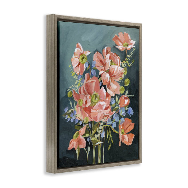Fleurs roses riches sur cadre flottant bleu, design par Annie Quigley, H 21 po x l 17 po, Cadre flottant orme Montalcino