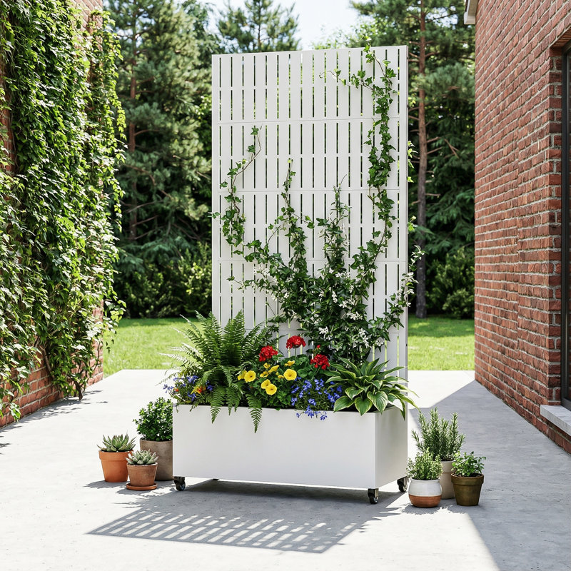 Boîte à fleurs en métal avec treillis et roues, H 72 po x l 35 po x P 16 po, Blanc