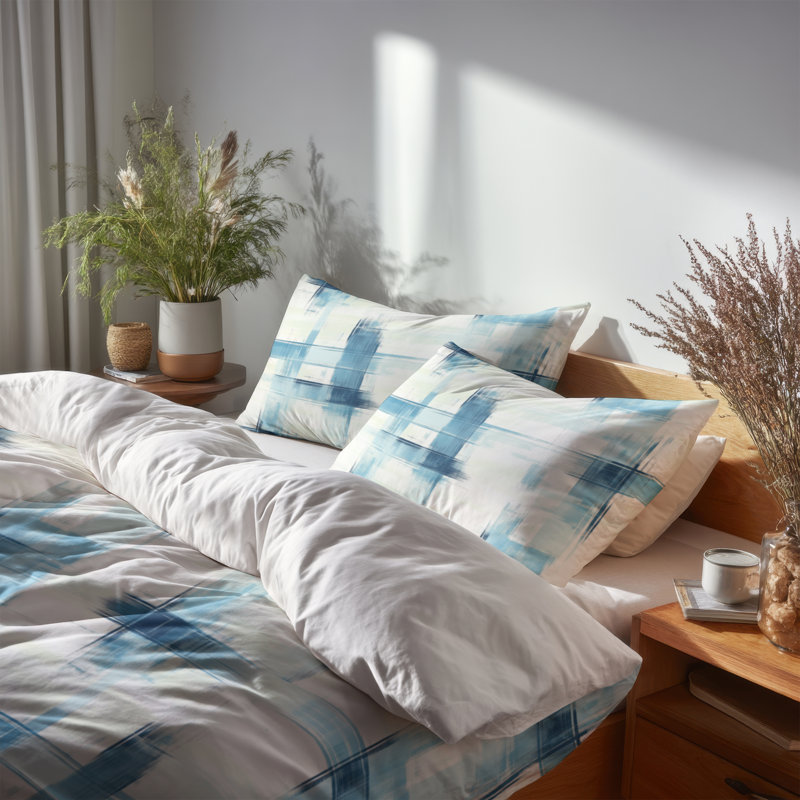 Ensemble de literie moderne 3 pièces - Ensemble de housse de couette et de coussins à carreaux horizon bleu clair