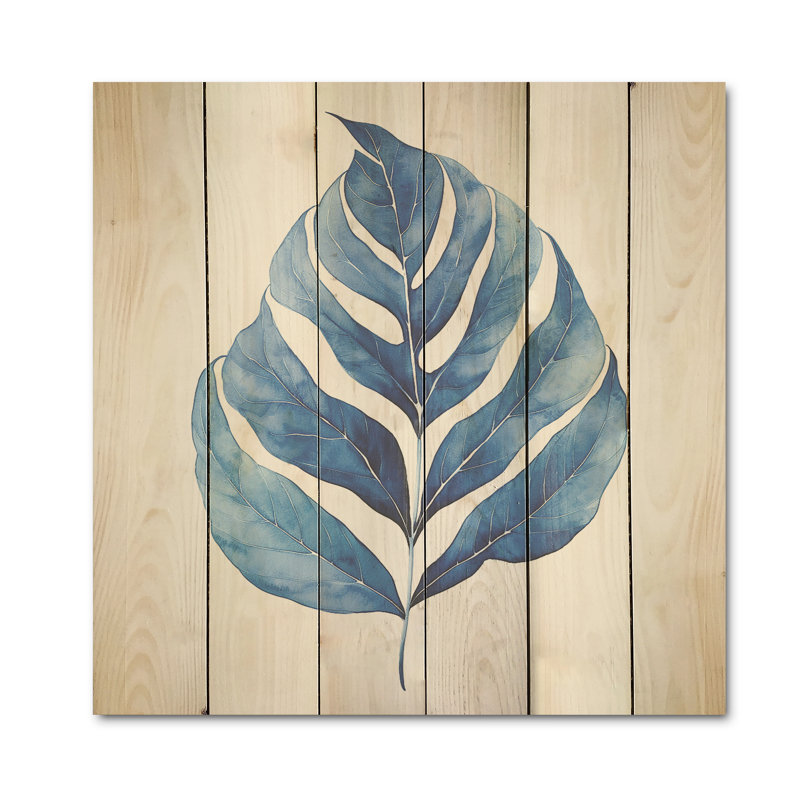 «White and Blue Leaves Collage I», art mural sur bois de pin naturel, H 36 po x l 36 po