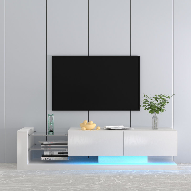 Meuble télé moderne avec lumières à DEL et rangement à 90% pour armoire de rangement blanche 75 po, Blanc