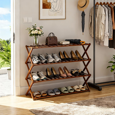 4 Tiers 24 Pairs Bamboo Shoe Rack, Folding Shoe Storage Rack Stand for Living Room Hallway Entryway