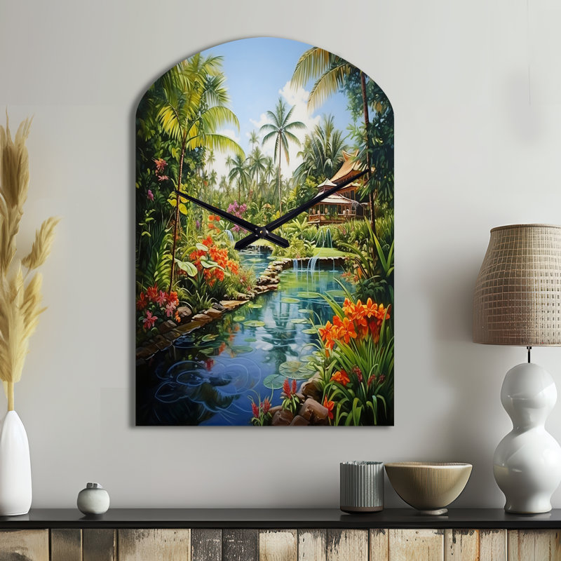 Bali Bliss Landscape II - Arch Asian Art, horloge murale en métal, impression d'horloge murale asymétrique, Grand