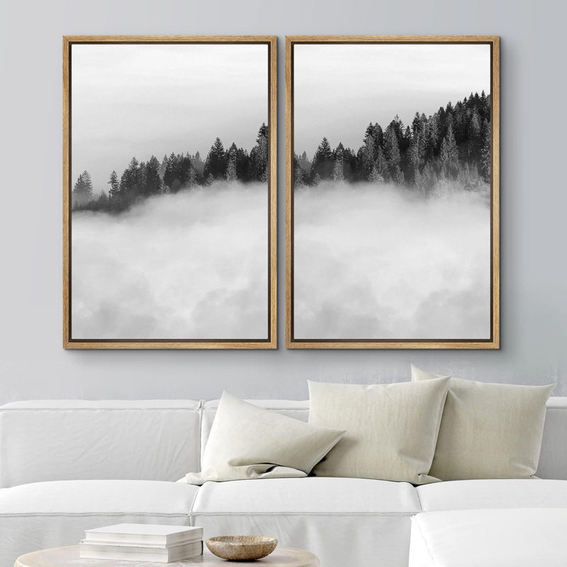 «Clouds Black White Pine Tree Forest», ensemble de 2 reproductions encadrées sur toile