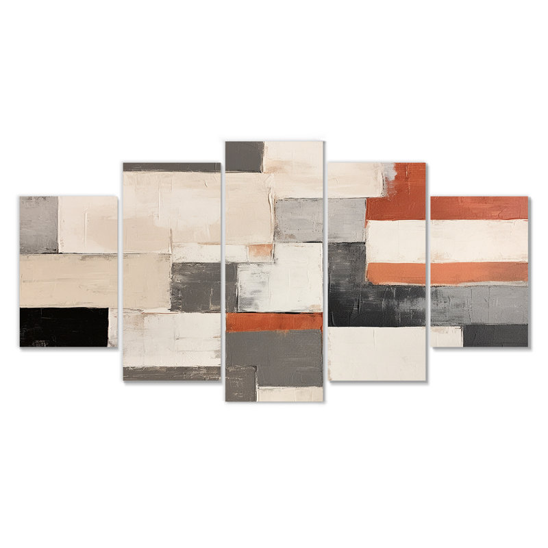 «Earthy Abstraction Cubist Modernism Beige Brown», art mural abstrait pour le salon, 5 pièces, 32" H x 60" W