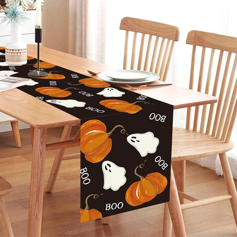 Halloween Table Runner Black, 13 x 72 Inch Painting Ghost Pumpkins Boo Table Runner, Seasonal Fall Holiday Kitchen Dining Polyester Table Line for Home Party Decor