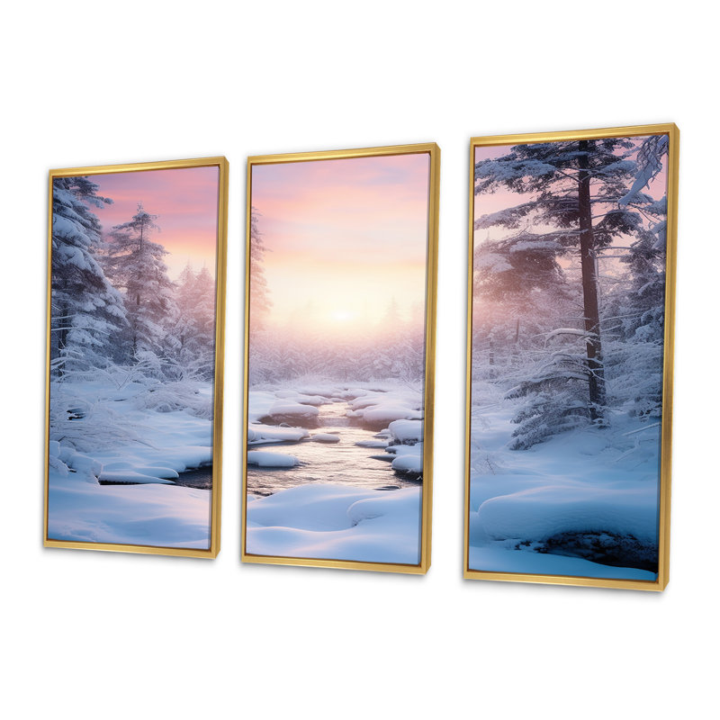Ensemble de salon Misty Sunset Snowy Winter Forest - Snow Wall Art, Cadre flottant doré, H 40 po x l 60 po x P 1 po