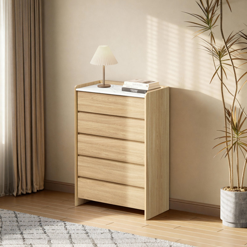 Commode 31,4 po à 5 tiroirs, commode moderne en bois avec plateau en marbre, commode de chambre à coucher, Noisette chêne