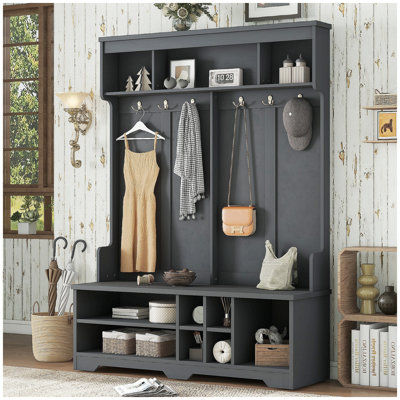 Modern Hallway Hall Tree with Metal Hooks and Storage Space, Multi-Functional Entryway Coat Rack with Shoe Cubbies, Black